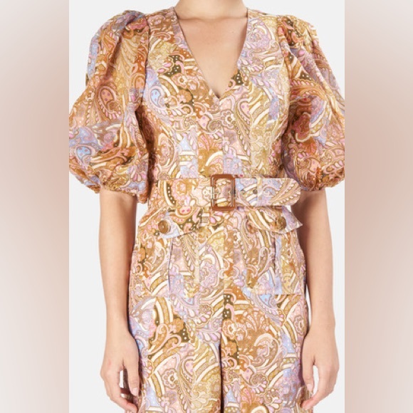 Zimmermann Brown Concert Belted Paisley-print Linen And Ramie Jumpsuit Size AU 1 - Picture 10 of 12